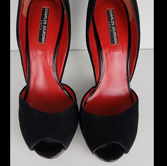 Charles Jourdan Cadence Wedge Platform Peep Toe Black Suede Size 10 - Picture 8 of 13